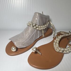 she & in Strappy Flat Sandals Gold Brown Pearl Beaded Ankle Tie Women’s 10